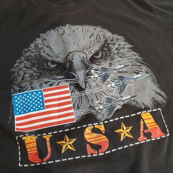 VINTAGE Logo 7 Tshirt Mens Large Black Cotton Single Stitch Eagle USA Flag‎ - Picture 9 of 9